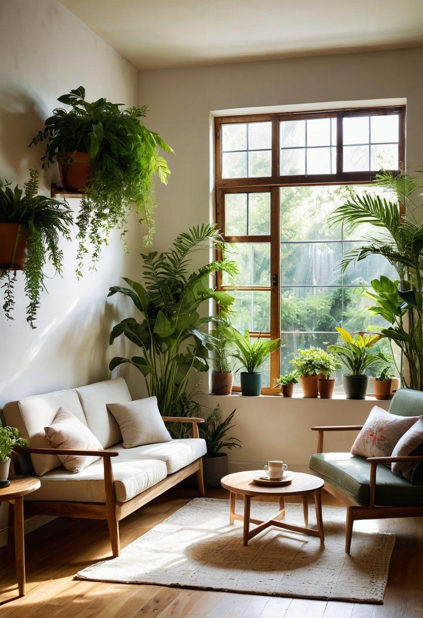 A serene indoor space filled with lush greenery and warm wooden accents, featuring a cozy seating area bathed in sunlight. Include vibrant potted plants and wooden furniture that evoke a sense of tranquility and cheerfulness. Subtle elements like a steaming cup of herbal tea or a blooming flower can enhance the inviting atmosphere. super-realistic. vibrant colors. natural light.