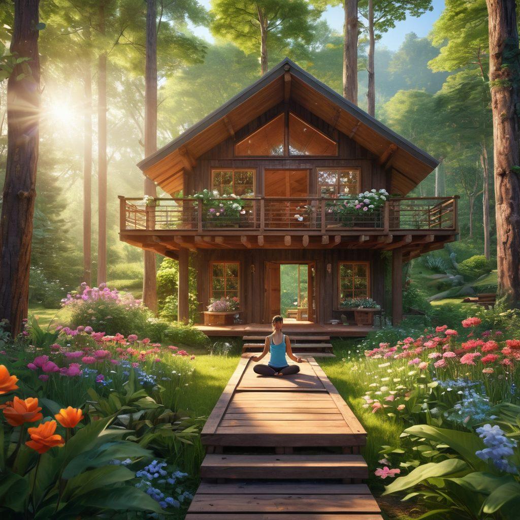 A serene scene showcasing a person meditating in a lush green forest, surrounded by wooden structures like a cozy cabin and a yoga platform, vibrant flowers blooming around them. Sunlight filters through the trees, creating a warm, inviting aura. Incorporate elements of nature, such as birds and butterflies, to depict joy and tranquility. super-realistic. vibrant colors. peaceful atmosphere.