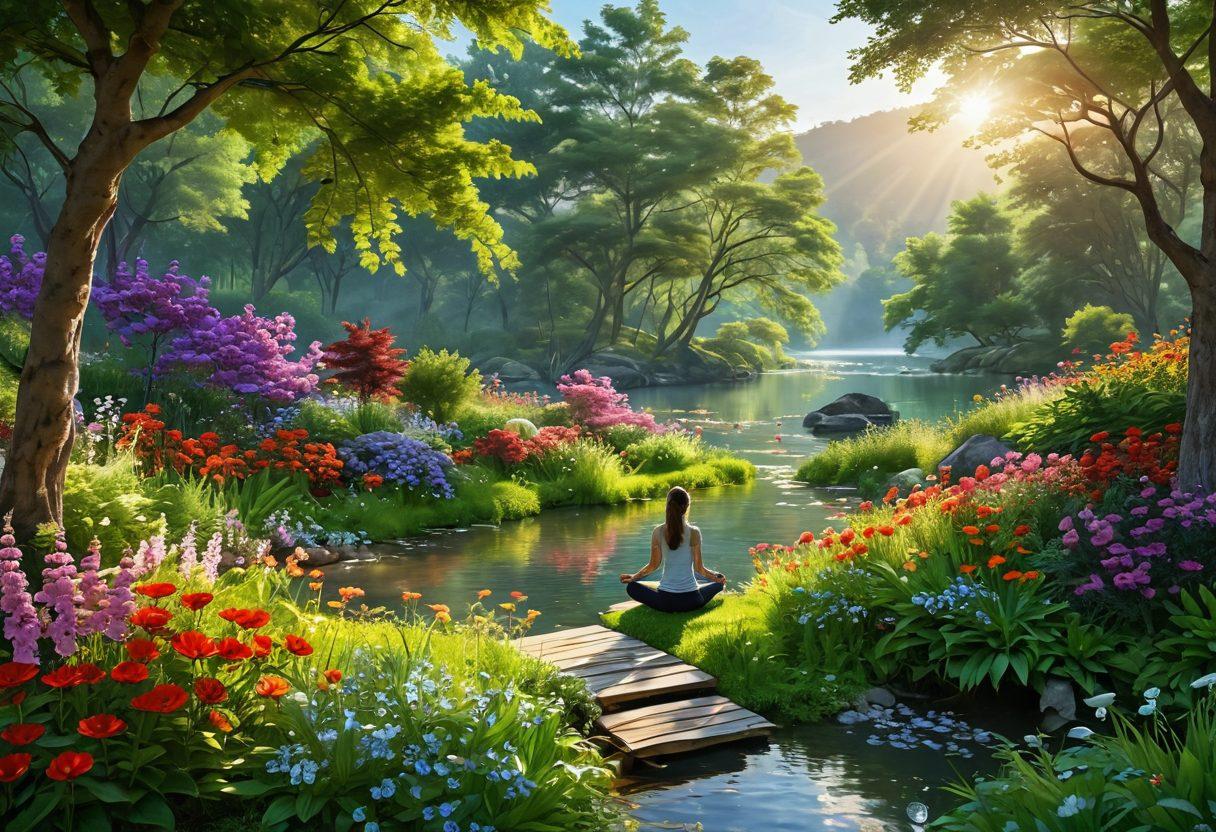 A serene landscape with vibrant flowers in full bloom, a radiant sun shining through lush green trees, and people engaging in joyful outdoor activities like yoga and meditation. Incorporate elements of nature such as flowing water or birds in the sky to symbolize tranquility and energy. The scene should evoke feelings of happiness and positivity, inviting viewers to connect with nature for emotional wellness. super-realistic. vibrant colors. 3D.